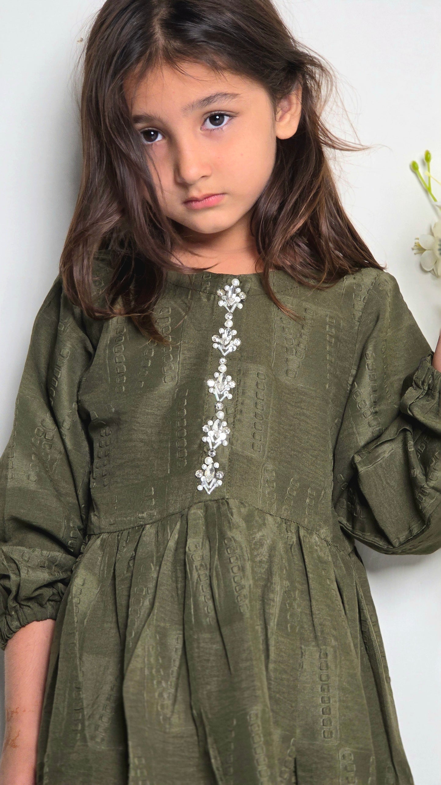 Girls Handmade Work Olive Embellished Frock