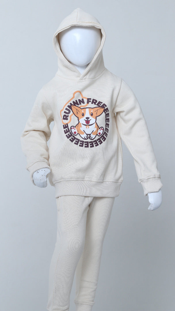 Beige hoodie and pants set with a dog graphic on a gray background