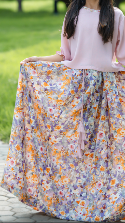 Girls Handmade Work Pink Floral Suit