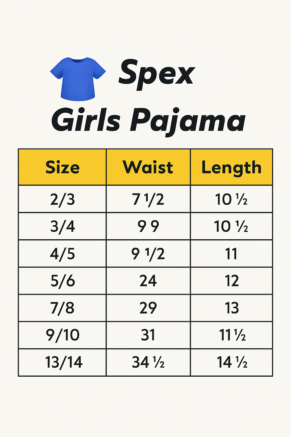 Spex Girls Pajama size chart with waist and length measurements on a white background