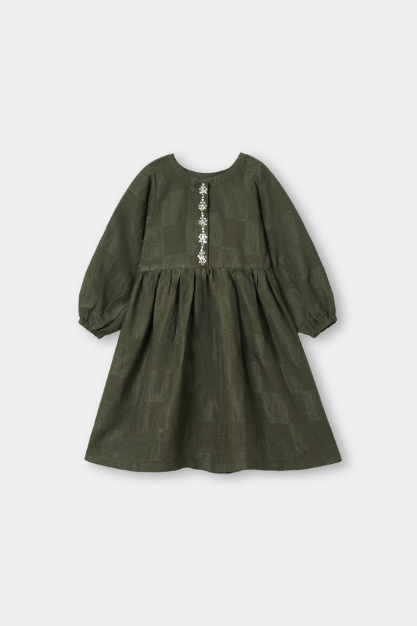 Girls Olive Green Embroidered Cotton Dress