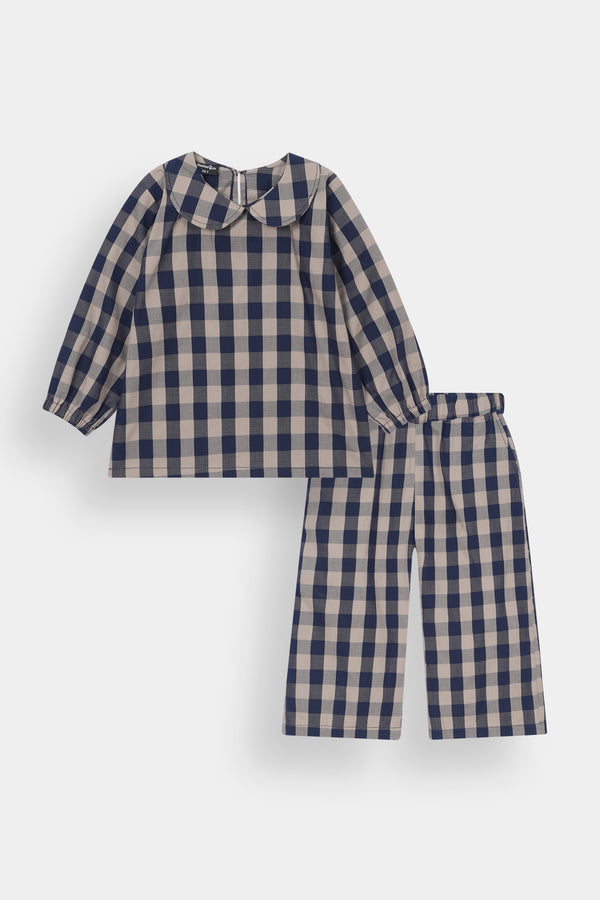 Girls Navy & Beige Gingham Check Co-ord Set