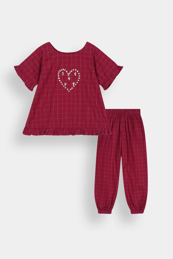 Girls Maroon Grid-Check Co-ord Set with Heart Embellishment