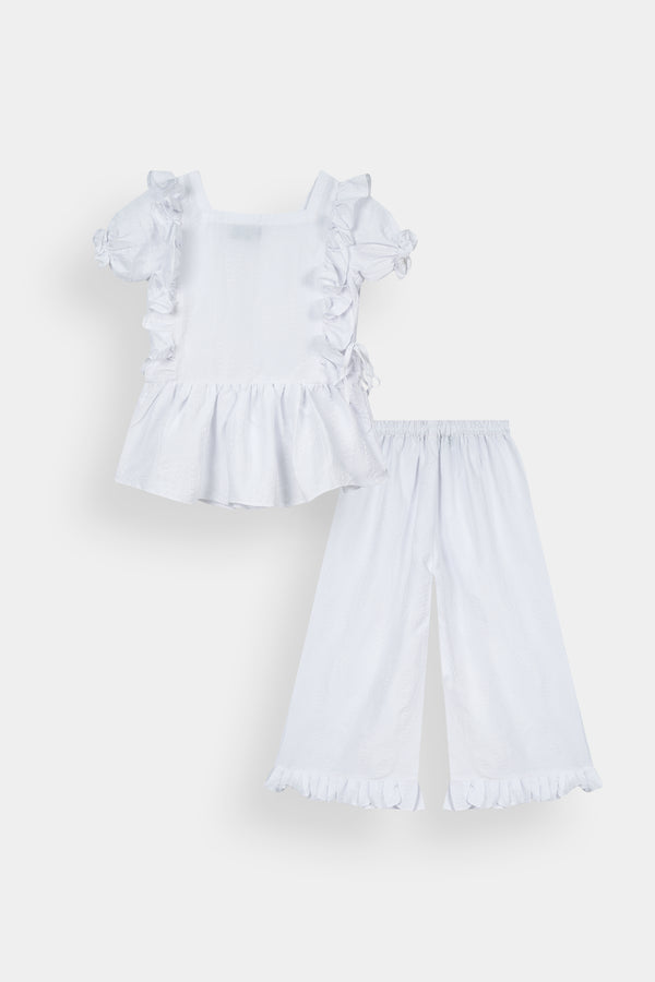 Girls White Textured Peplum Top & Ruffled Culotte Set