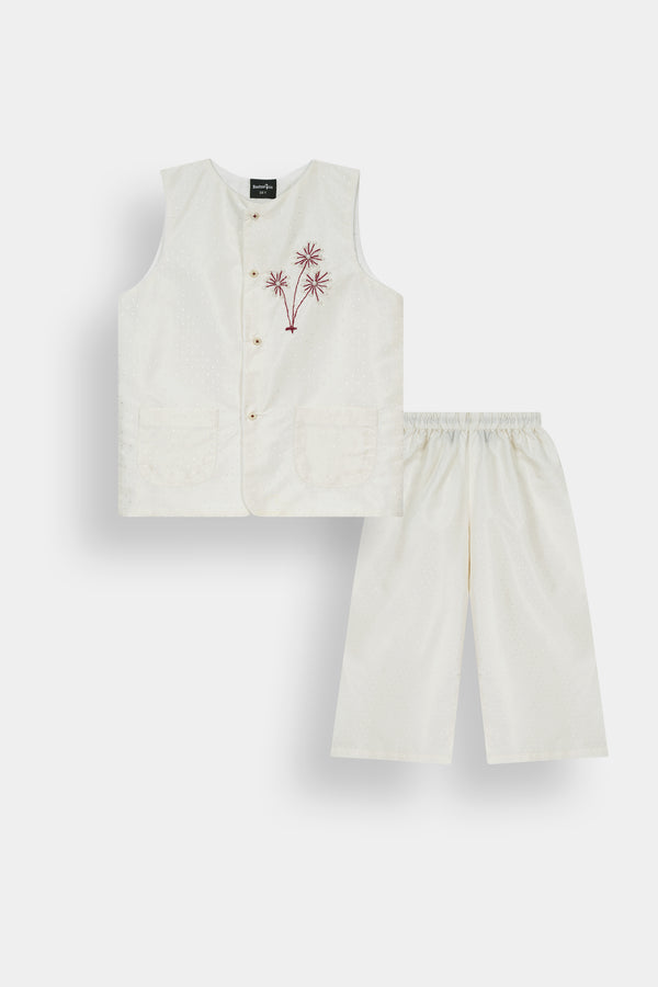 Kids Cream Dotted Waistcoat & Wide-Leg Trouser Set