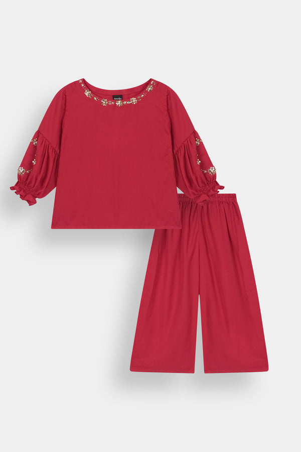 Girls Ruby Red 2-Piece Set with Embellished Neckline