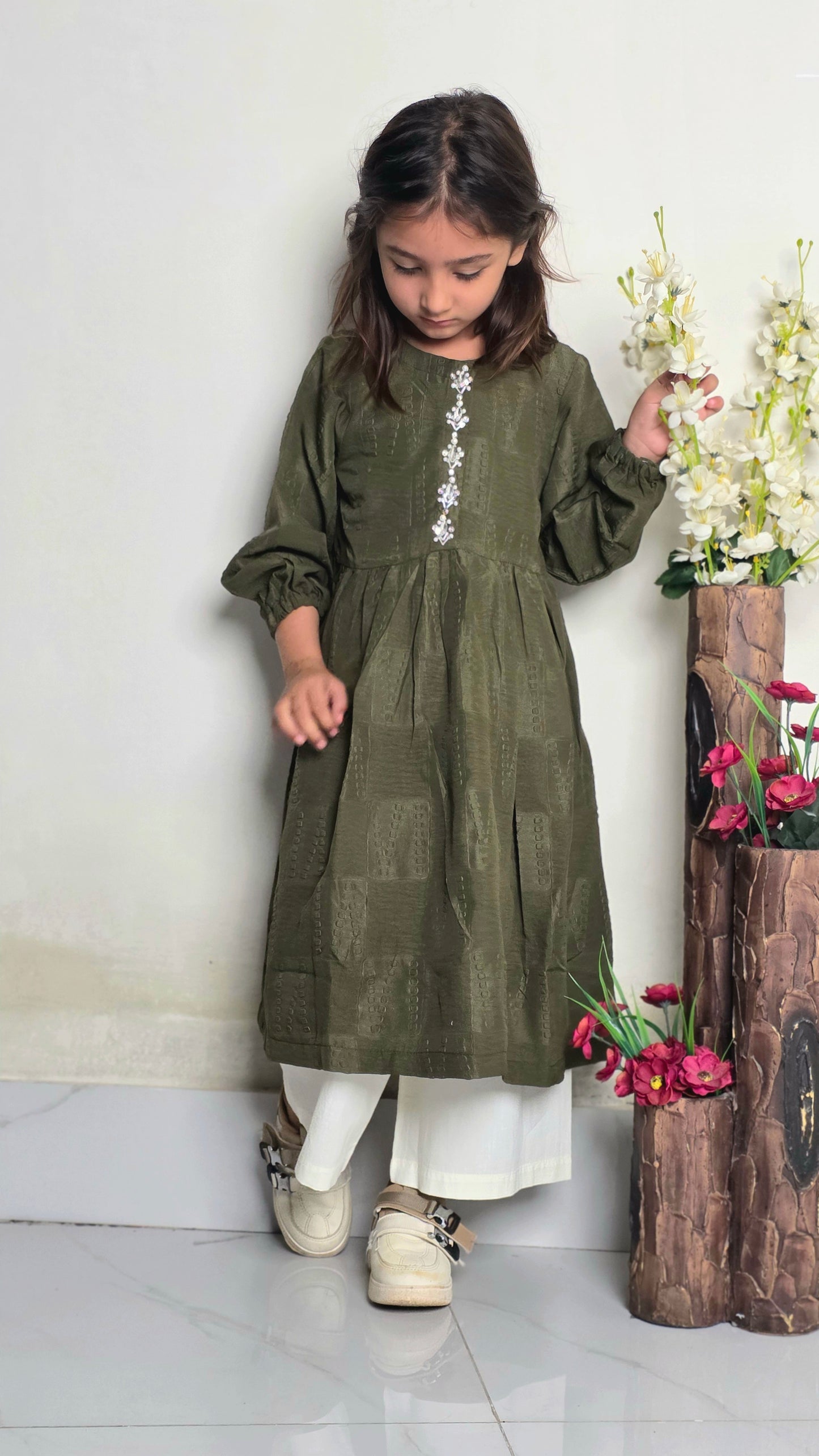 Girls  Handmade Work  Olive Embellished Frock