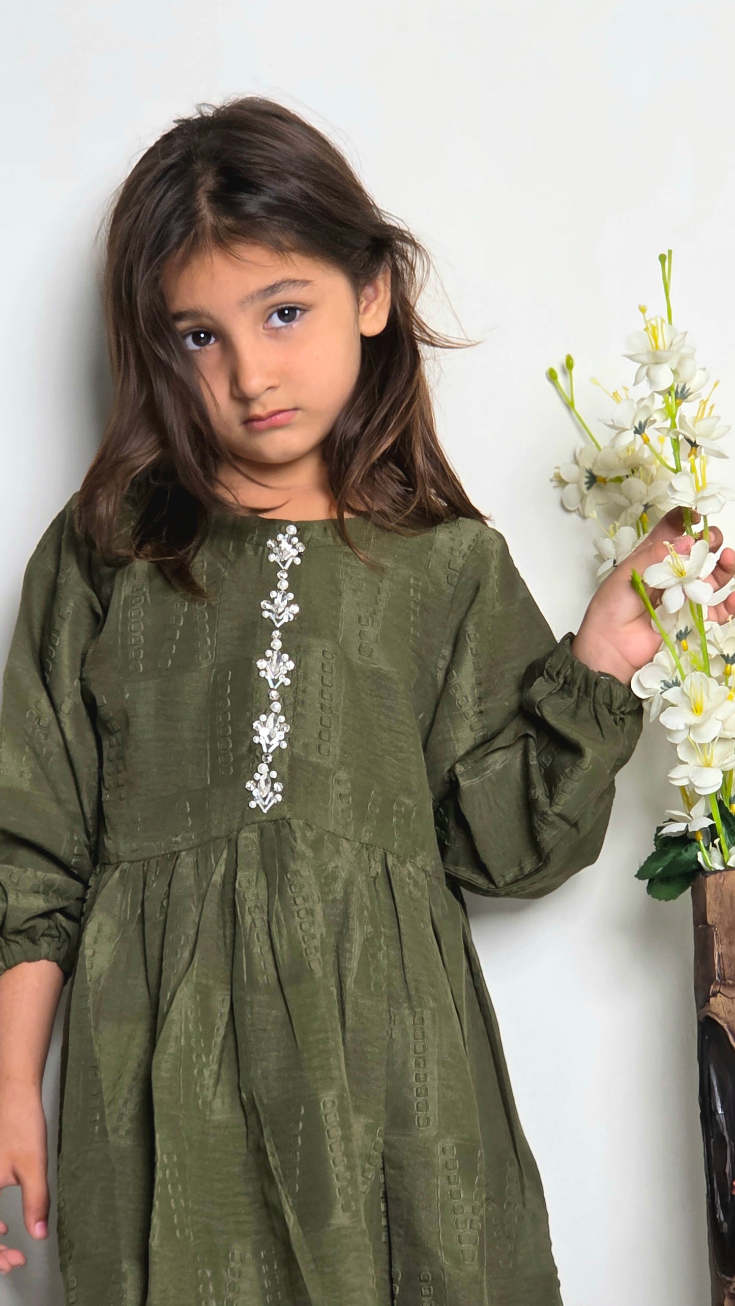 Girls  Handmade Work  Olive Embellished Frock