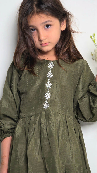 Girls  Handmade Work  Olive Embellished Frock
