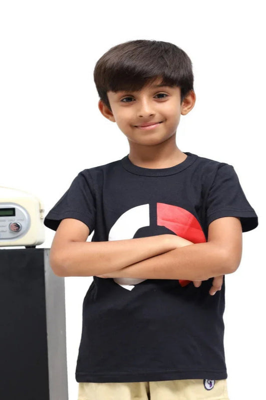 Child wearing a black t-shirt with a red and white logo on a white background