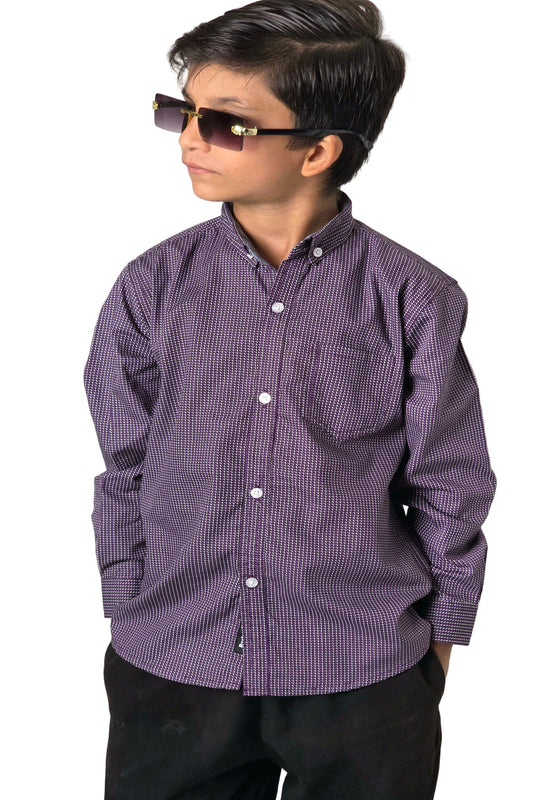 Child wearing a purple checkered shirt and sunglasses against a white background