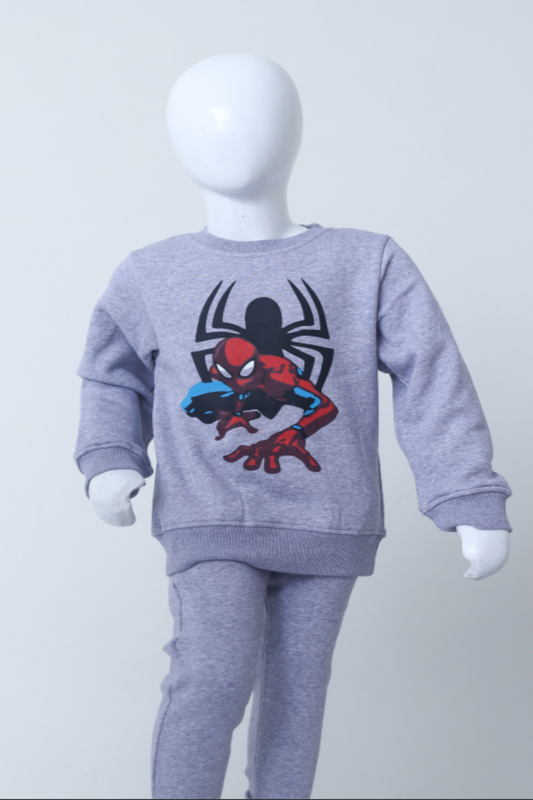 Gray children's outfit with Spider-Man design on a white background