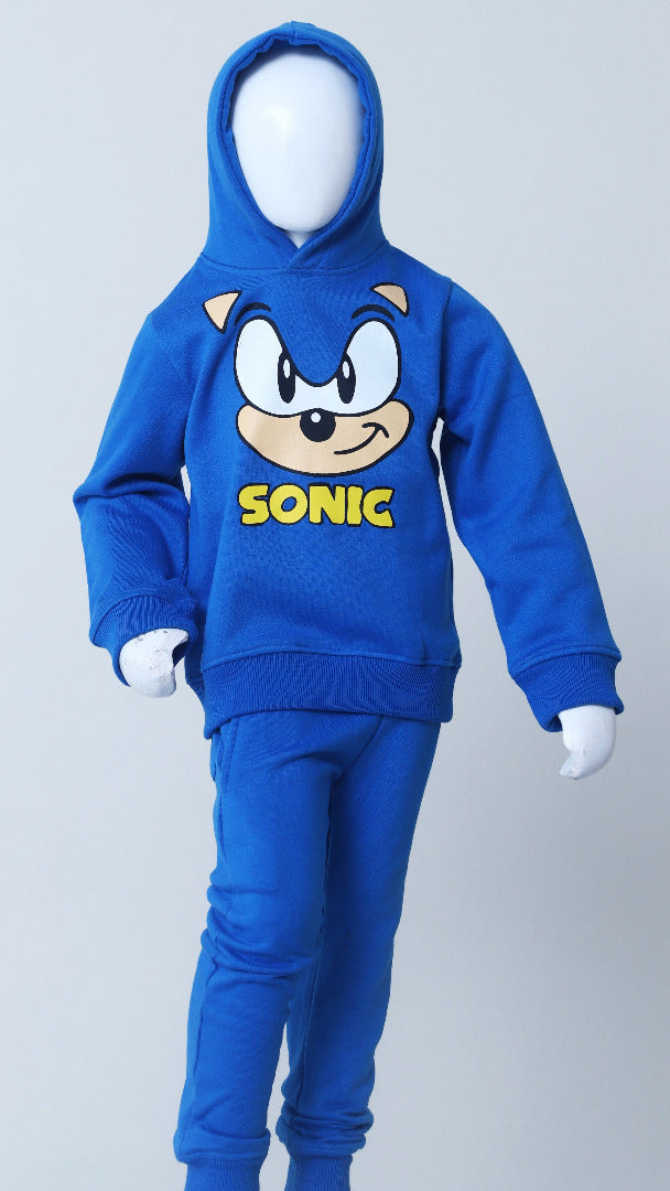 Blue Sonic the Hedgehog hoodie and pants set on a plain background