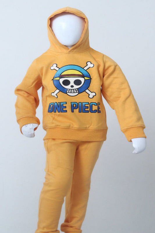 Yellow 'One Piece' hoodie and pants set on a white background