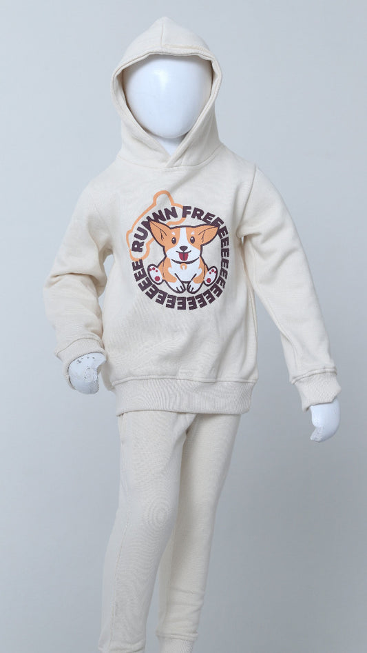 Beige hoodie and pants set with a dog graphic on a gray background