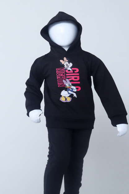 Black hoodie with cartoon character and text on a white background