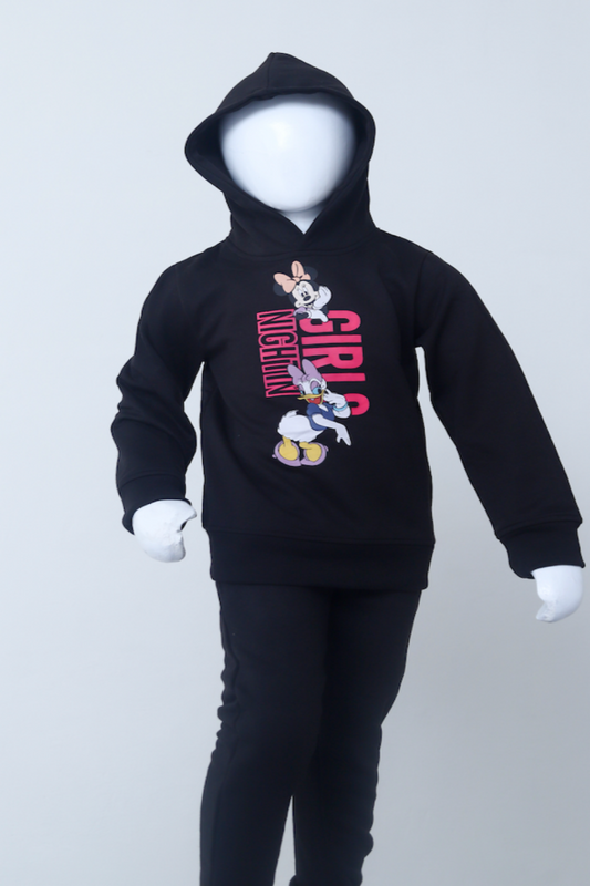 Black hoodie with cartoon character and text on a white background