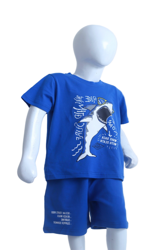 Blue t-shirt and shorts set on a mannequin against a white background