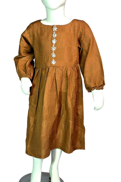 Brown dress with floral embellishments on a mannequin against a gray background