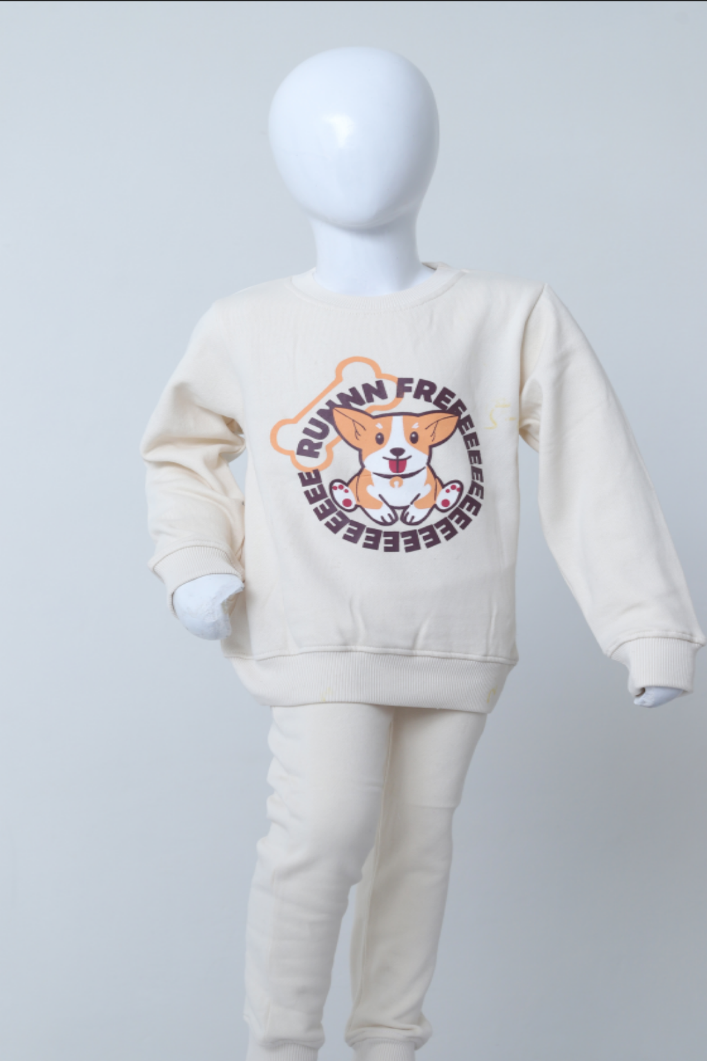 White sweatshirt with a dog graphic and text on a mannequin against a white background