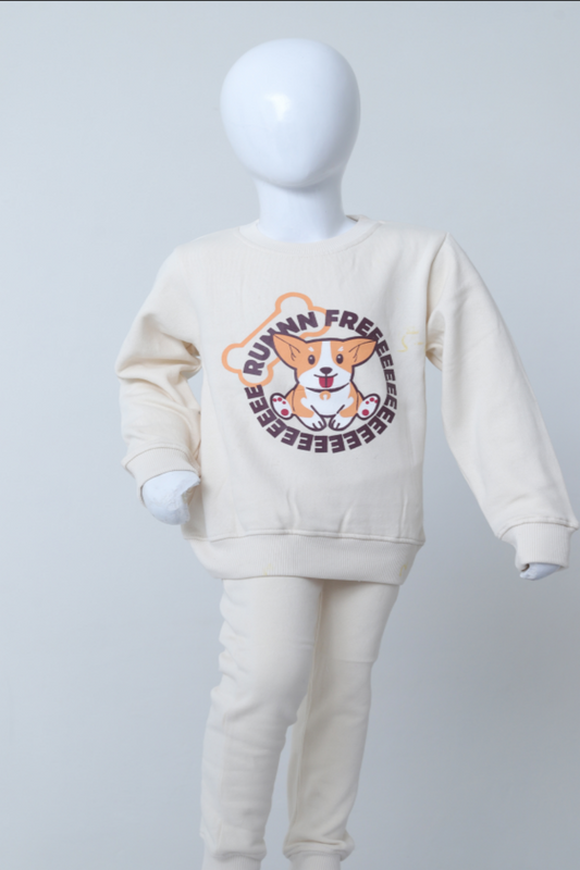 White sweatshirt with a dog graphic and text on a mannequin against a white background