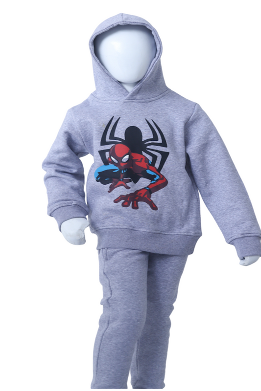 Gray hoodie with Spider-Man logo on a white background