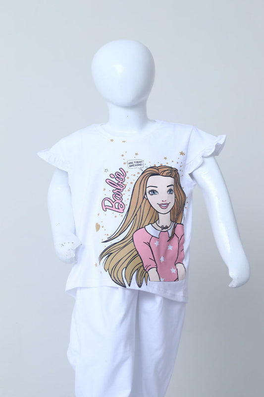 White outfit with a Barbie-themed shirt on a mannequin against a white background