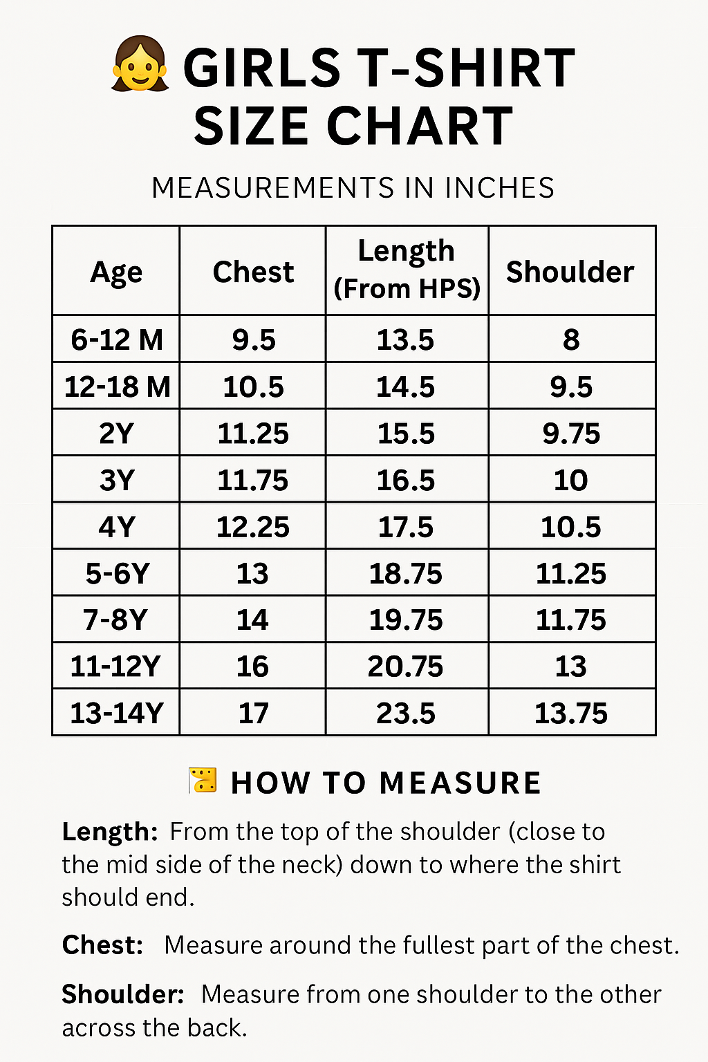 Girls t-shirt size chart with measurements in inches