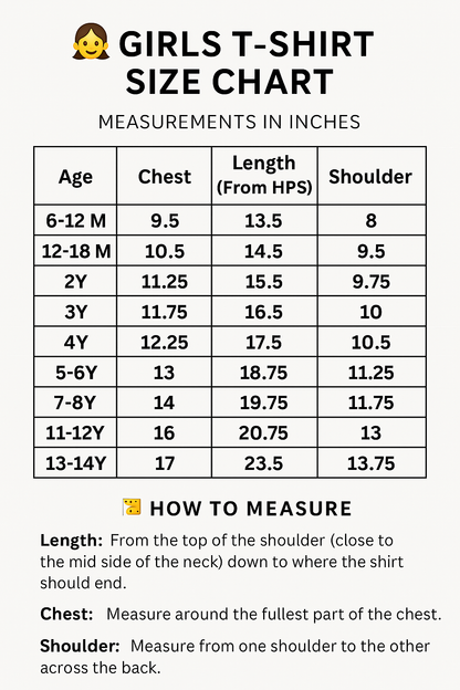Girls t-shirt size chart with measurements in inches