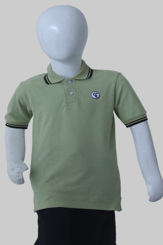 Green polo shirt with a logo on a mannequin against a gray background