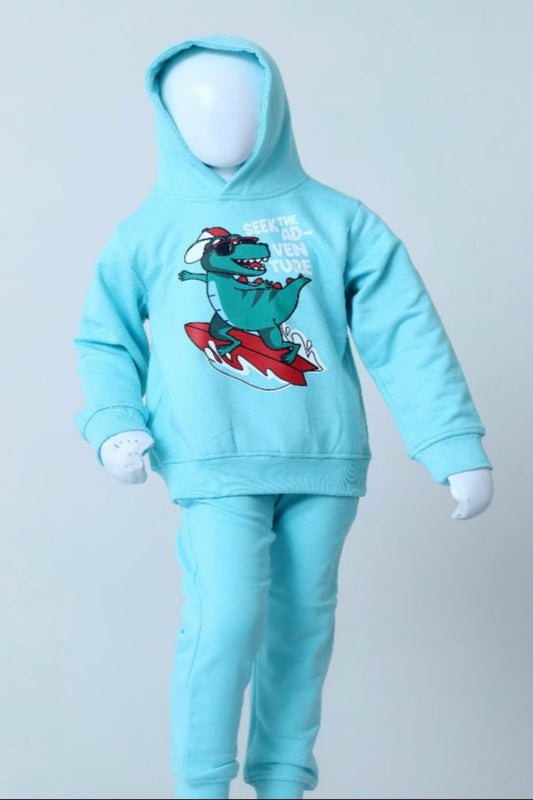 Light blue hoodie and pants set with a cartoon dinosaur design on a light gray background
