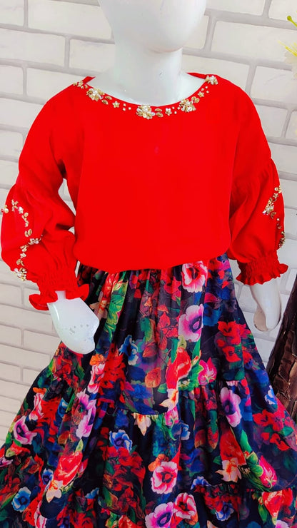 Girls  Handmade Work   Floral Frock with Red Top