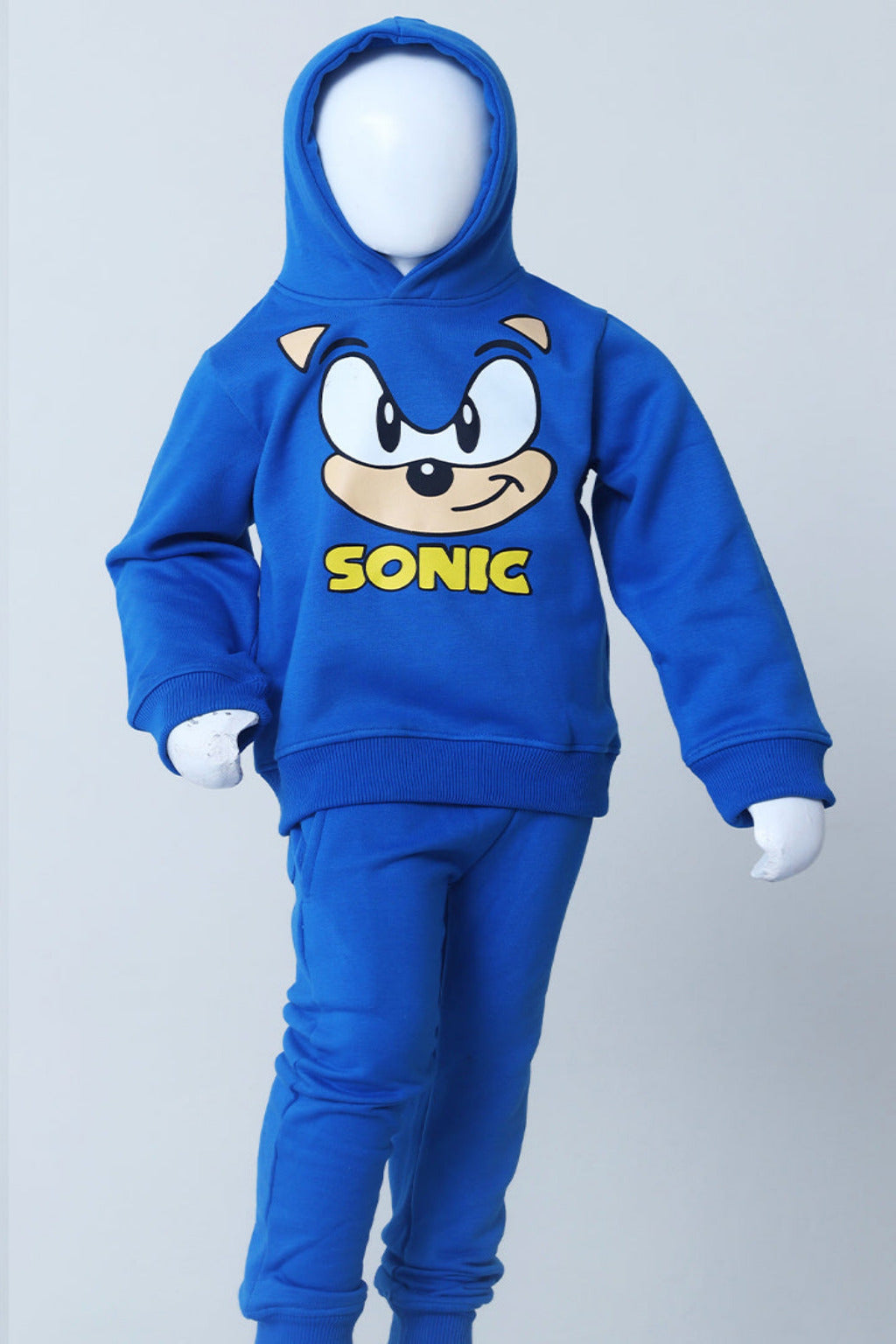 Blue hoodie and pants set with Sonic the Hedgehog logo on a gray background